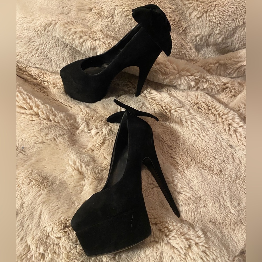 Black suede bow back stilettos